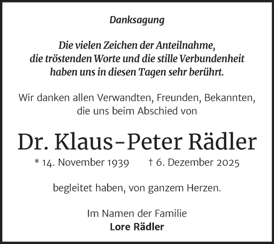 Traueranzeige von Klaus-Peter Rädler von Mitteldeutsche Zeitung Halle/Saalkreis