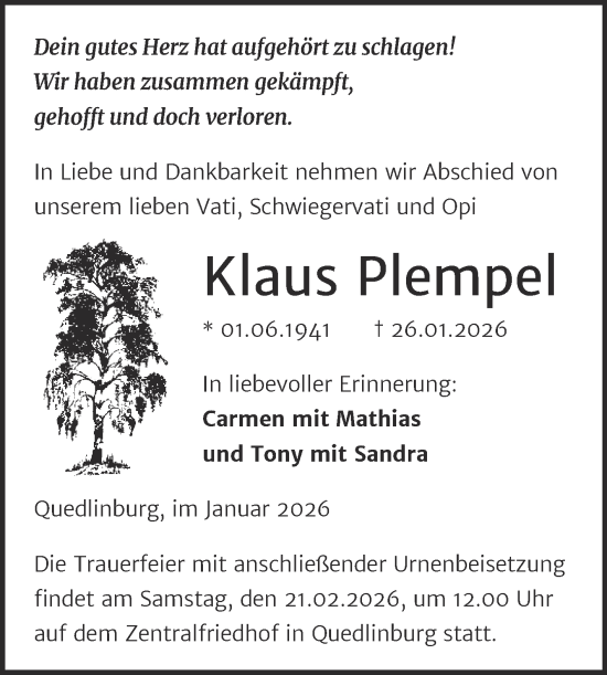 Traueranzeige von Klaus Plempel von Trauerkombi Quedlinburg