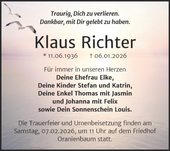 Traueranzeige von Klaus Richter von Trauerkombi Wittenberg