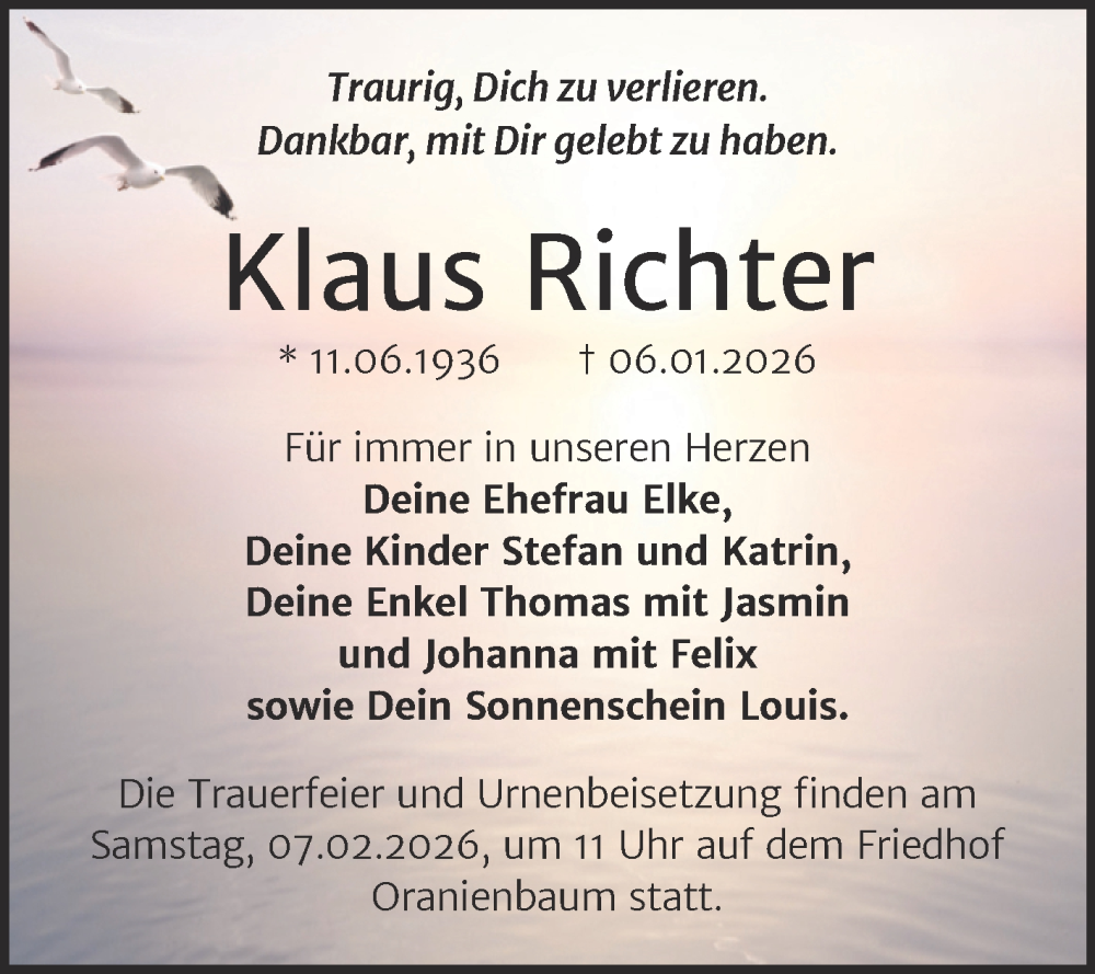  Traueranzeige für Klaus Richter vom 24.01.2026 aus Trauerkombi Wittenberg
