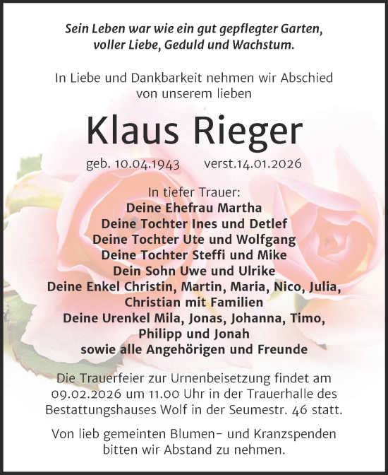 Traueranzeige von Klaus Rieger von Trauerkombi Weißenfels