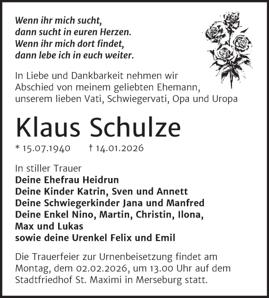 Traueranzeige von Klaus Schulze von Trauerkombi Merseburg