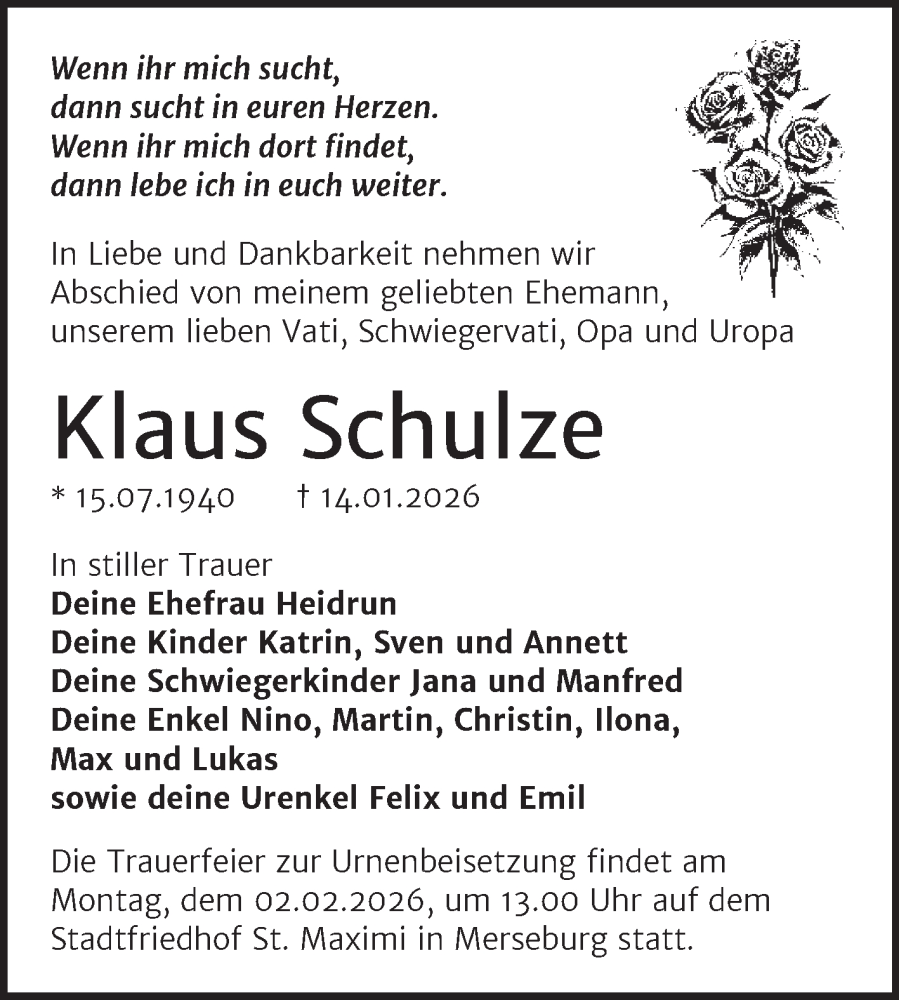  Traueranzeige für Klaus Schulze vom 24.01.2026 aus Trauerkombi Merseburg