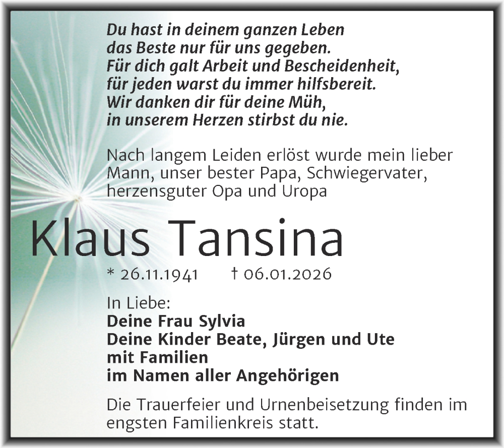  Traueranzeige für Klaus Tansina vom 16.01.2026 aus Trauerkombi Mansfelder Land