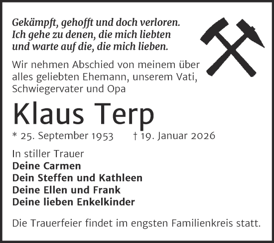 Traueranzeige von Klaus Terp von Trauerkombi Zeitz