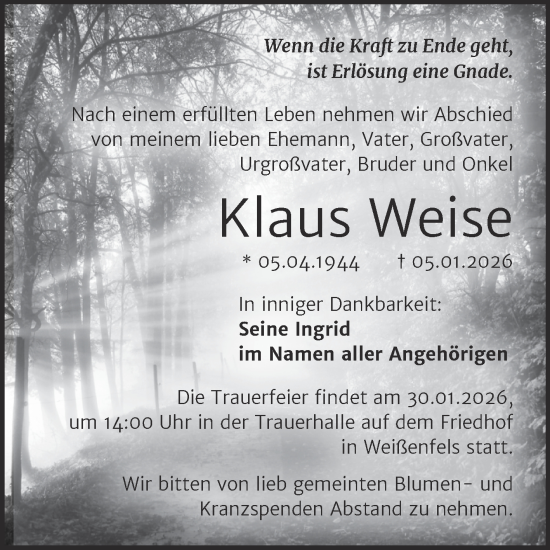 Traueranzeige von Klaus Weise von Trauerkombi Weißenfels