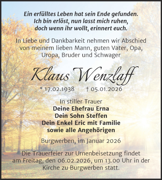 Traueranzeige von Klaus Wenzlaff von Trauerkombi Weißenfels