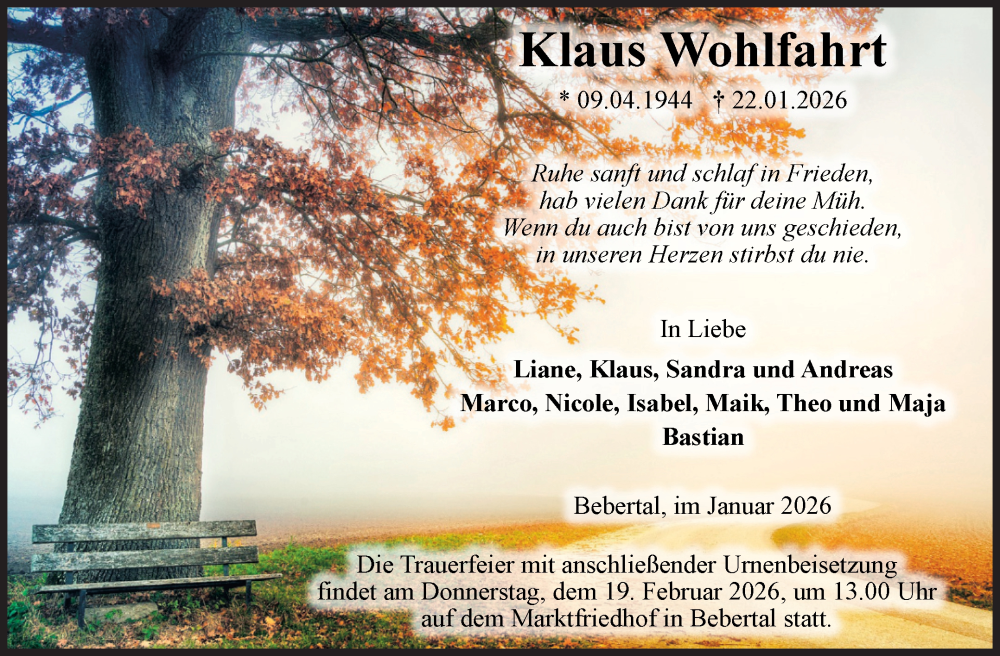  Traueranzeige für Klaus Wohlfahrt vom 31.01.2026 aus Volksstimme Haldensleben/Wolmirstedt