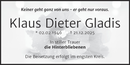 Traueranzeige von Klaus Dieter Gladis von Trauerkombi Bernburg