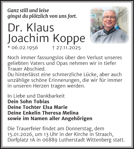 Traueranzeige von Klaus Joachim Koppe von Trauerkombi Wittenberg