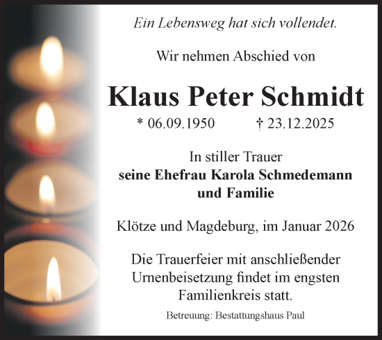 Traueranzeige von Klaus Peter Schmidt von Volksstimme Altmark West