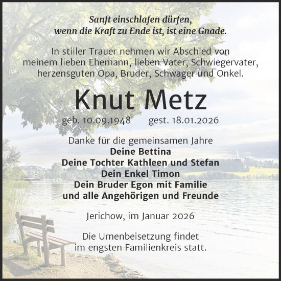 Traueranzeige von Knut Metz von Volksstimme Burg/Genthin