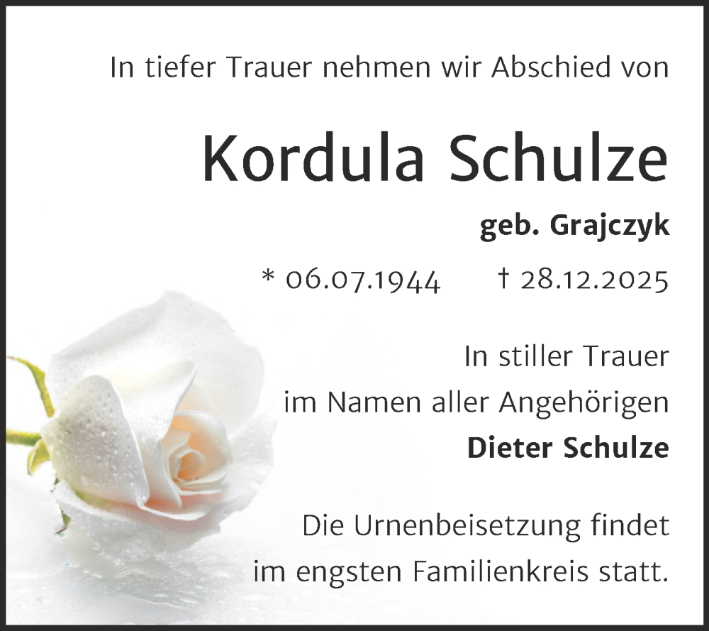  Traueranzeige für Kordula Schulze vom 10.01.2026 aus Trauerkombi Wittenberg