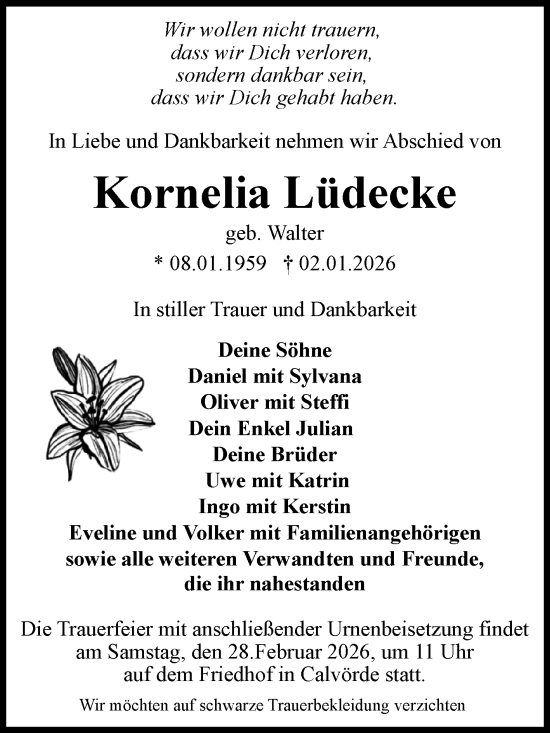 Traueranzeige von Kornelia Lüdecke von Volksstimme Haldensleben/Wolmirstedt