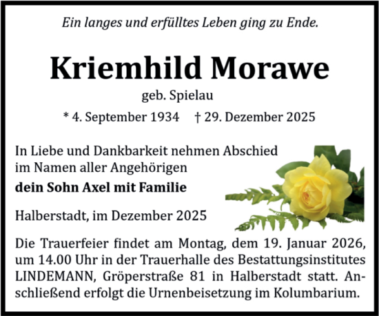 Traueranzeige von Kriemhild Morawe von Volksstimme Halberstadt
