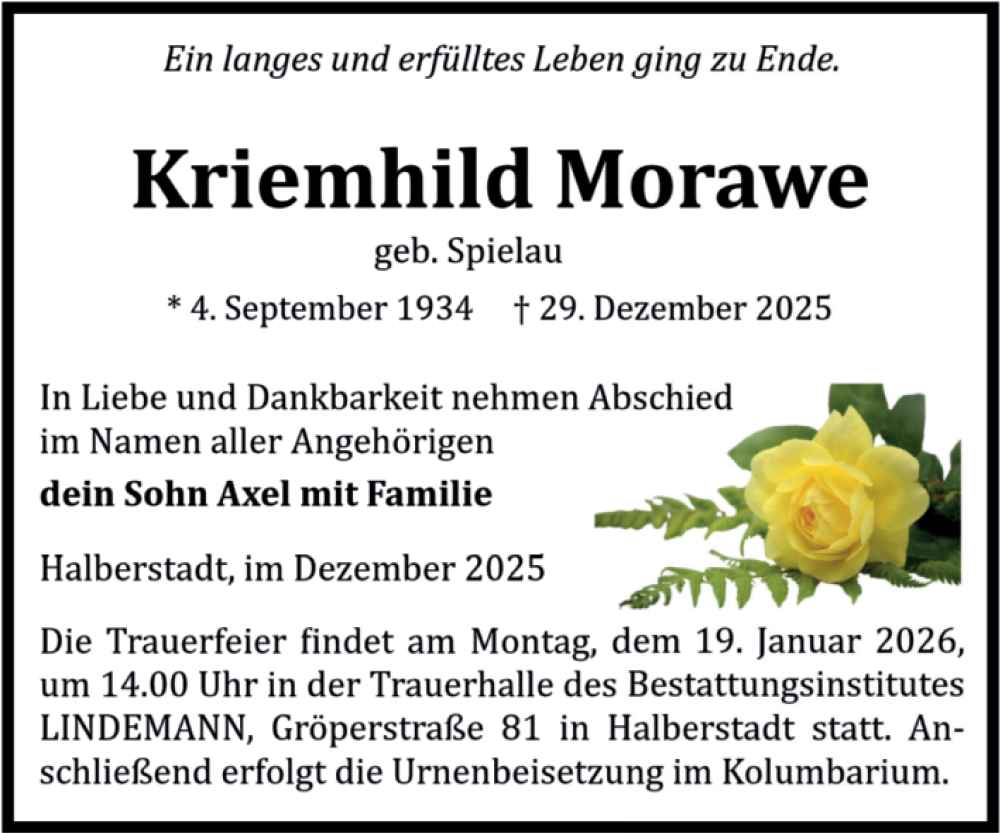  Traueranzeige für Kriemhild Morawe vom 10.01.2026 aus Volksstimme Halberstadt