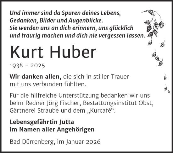 Traueranzeige von Kurt Huber von Trauerkombi Merseburg