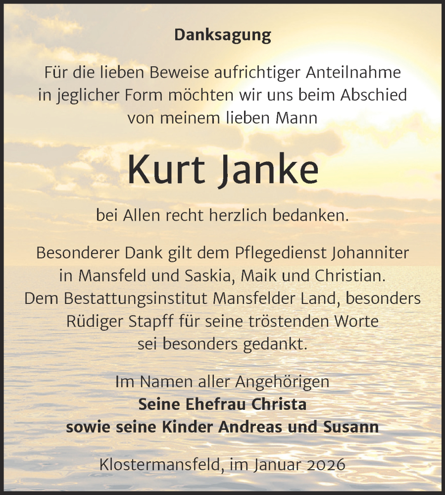  Traueranzeige für Kurt Janke vom 31.01.2026 aus Trauerkombi Mansfelder Land
