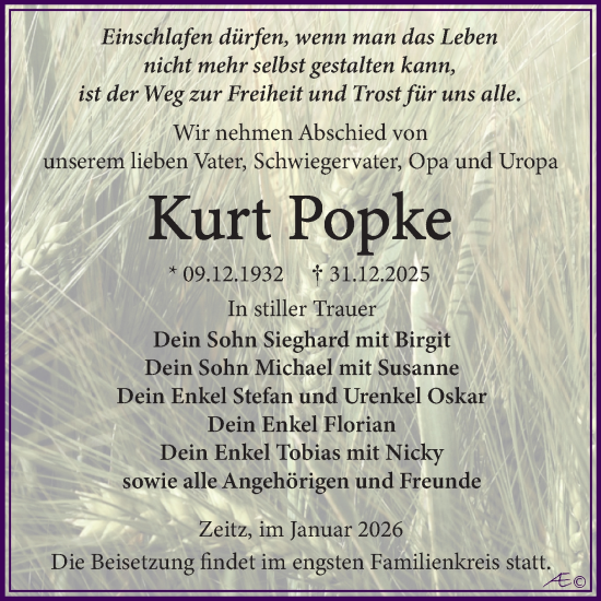 Traueranzeige von Kurt Popke von Trauerkombi Zeitz