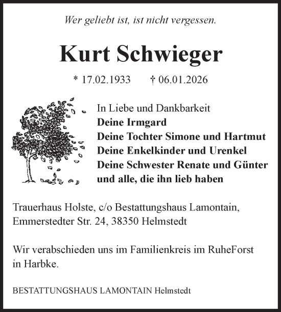 Traueranzeige von Kurt Schwieger von Volksstimme Magdeburg