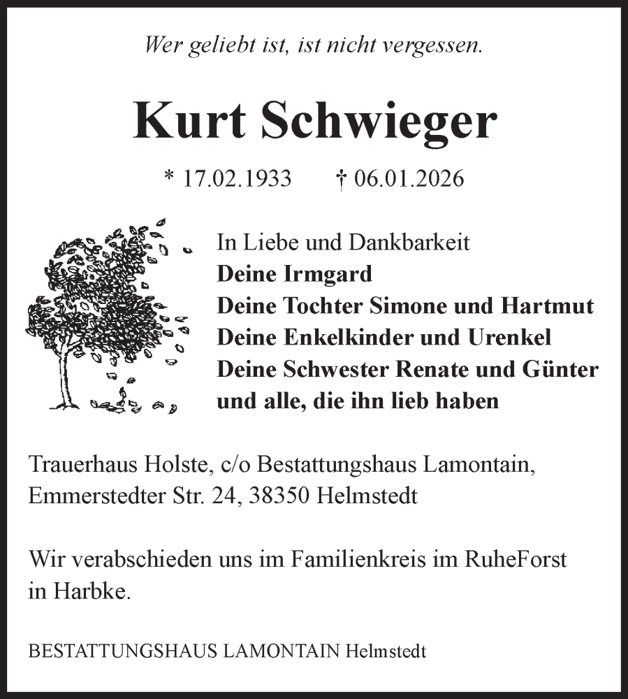  Traueranzeige für Kurt Schwieger vom 10.01.2026 aus Volksstimme Magdeburg