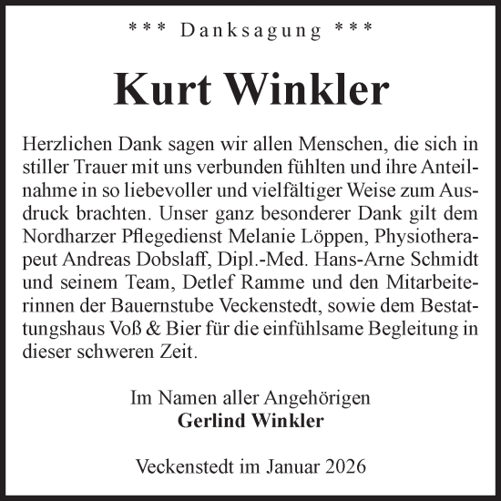 Traueranzeige von Kurt Winkler von Volksstimme Wernigerode