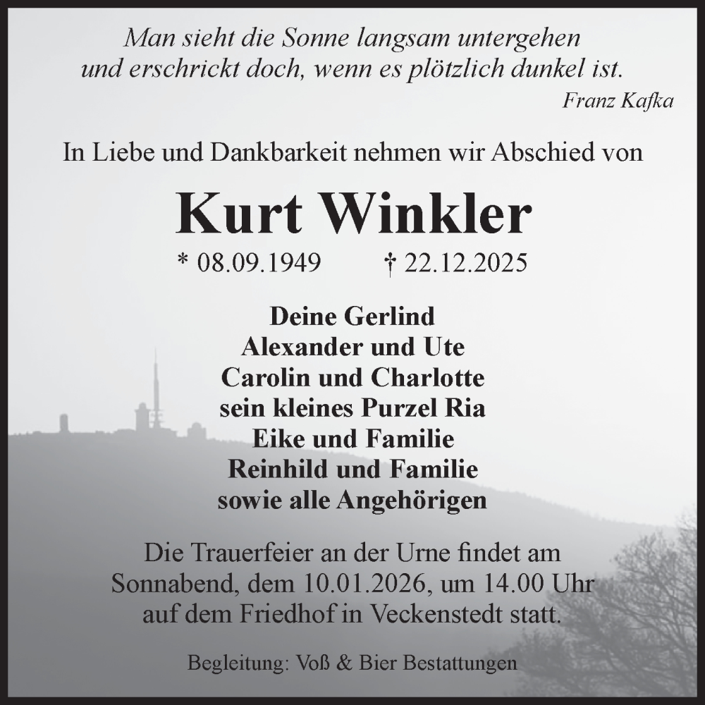  Traueranzeige für Kurt Winkler vom 03.01.2026 aus Volksstimme Wernigerode