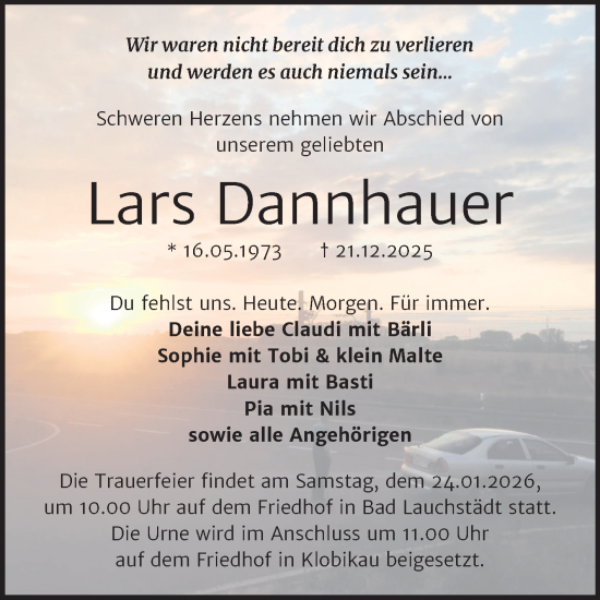 Traueranzeige von Lars Dannhauer von Trauerkombi Merseburg