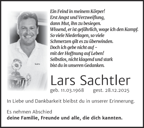 Traueranzeige von Lars Sachtler von Super Sonntag Dessau-Roßlau