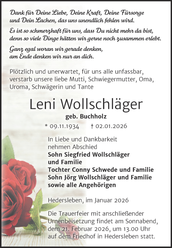 Traueranzeige von Leni Wollschläger von Super Sonntag Quedlingburg