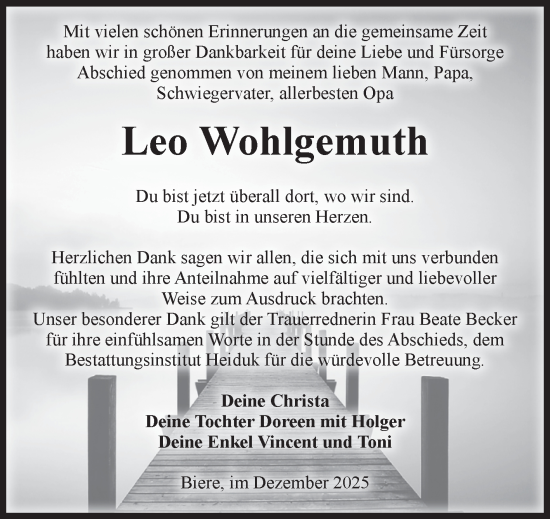 Traueranzeige von Leo Wohlgemuth von Volksstimme Schönebeck