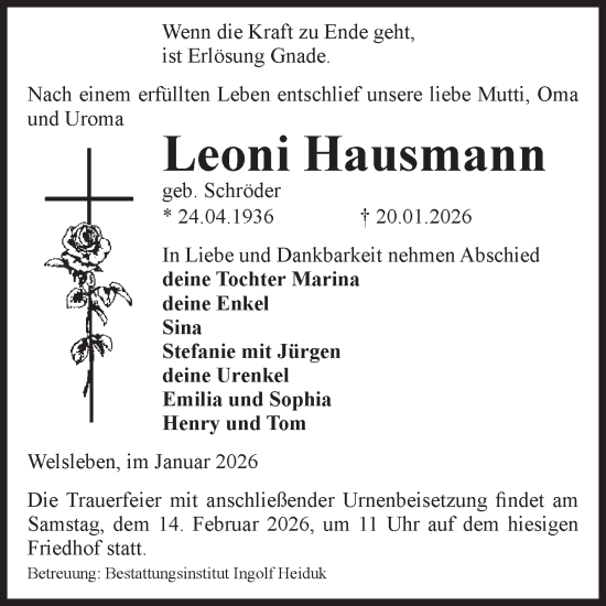 Traueranzeige von Leoni Hausmann von Volksstimme Schönebeck