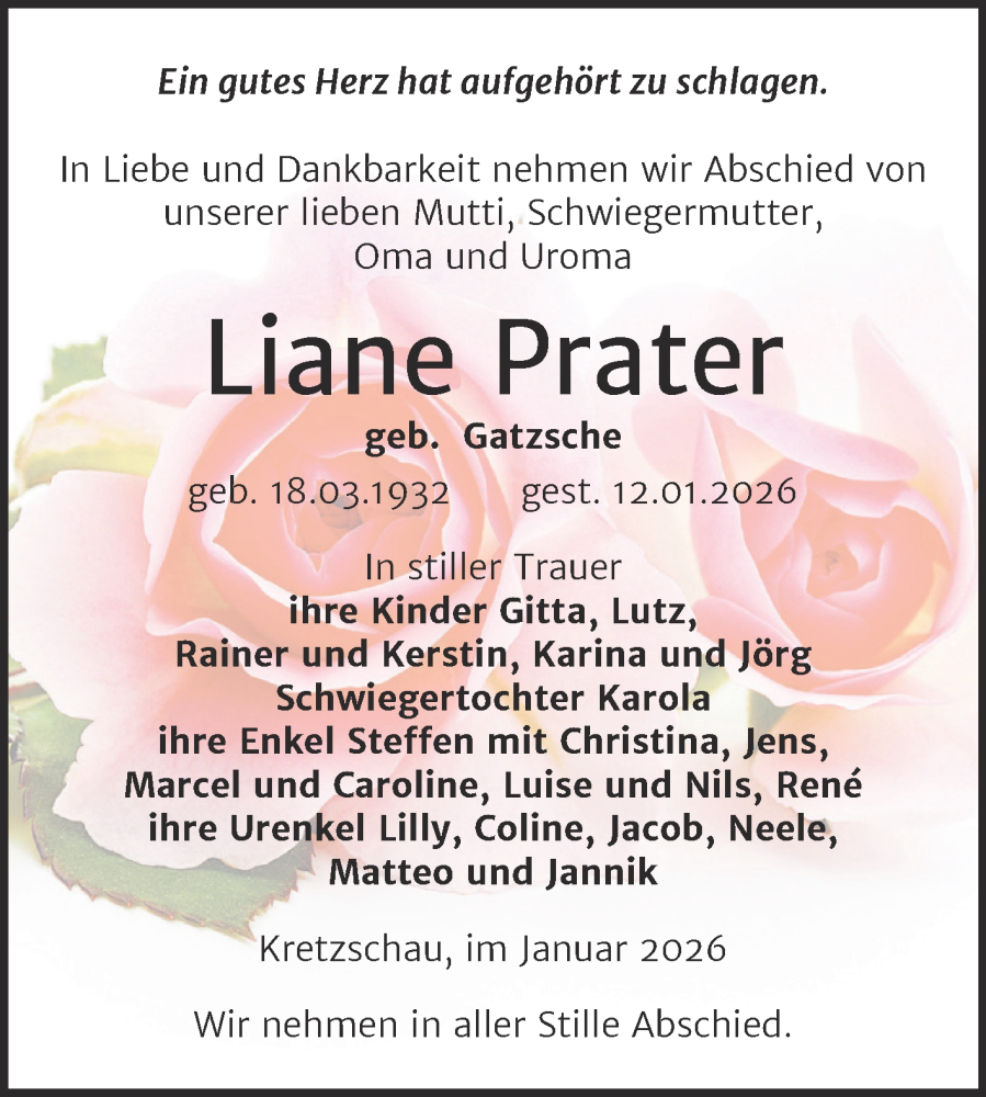  Traueranzeige für Liane Prater vom 24.01.2026 aus Trauerkombi Zeitz