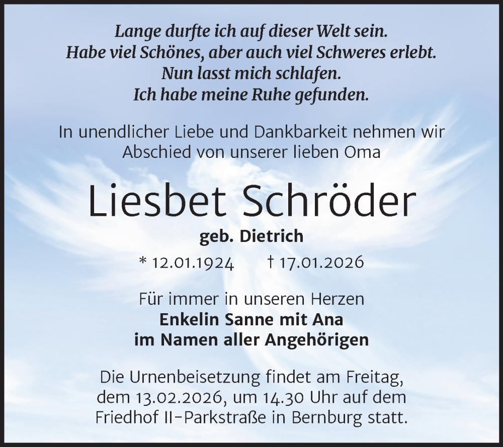  Traueranzeige für Liesbet Schröder vom 24.01.2026 aus Trauerkombi Bernburg