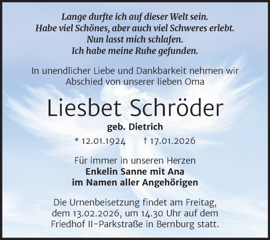 Traueranzeige von Liesbet Schröder von Trauerkombi Bernburg