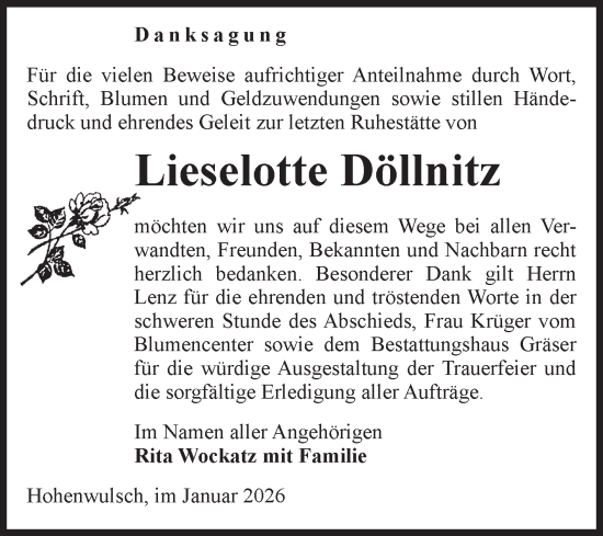 Traueranzeige von Lieselotte Döllnitz von Volksstimme Altmark Ost