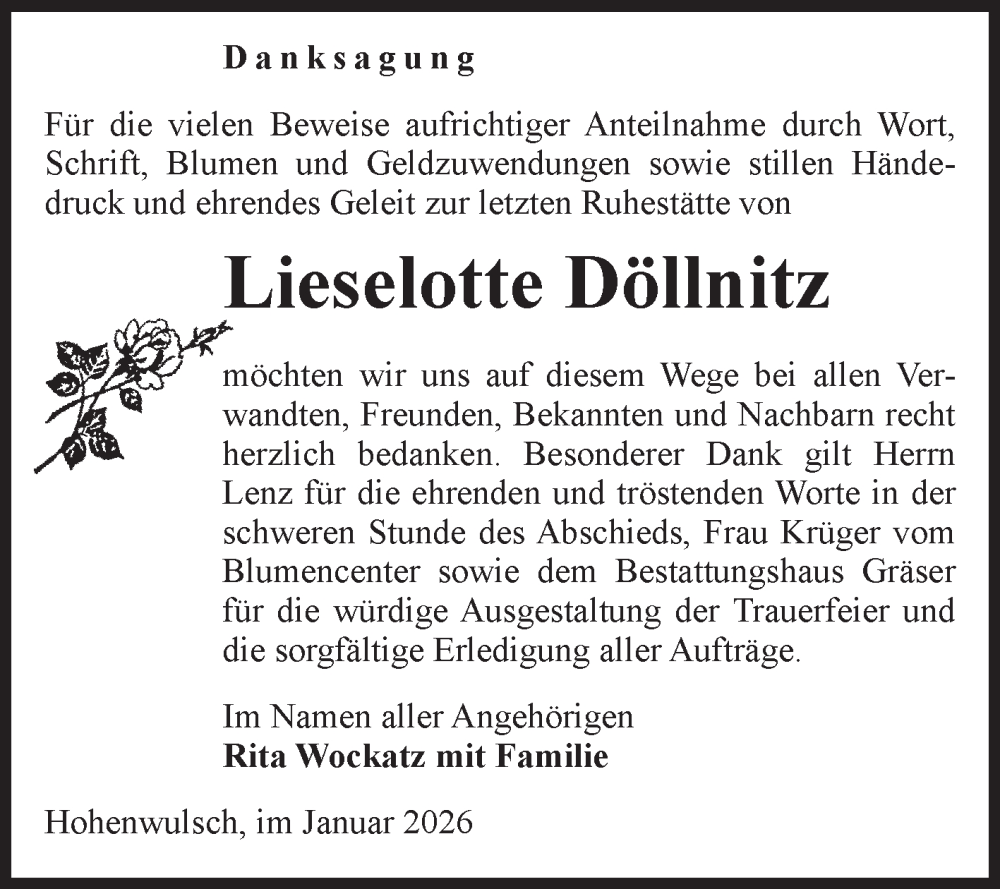  Traueranzeige für Lieselotte Döllnitz vom 10.01.2026 aus Volksstimme Altmark Ost