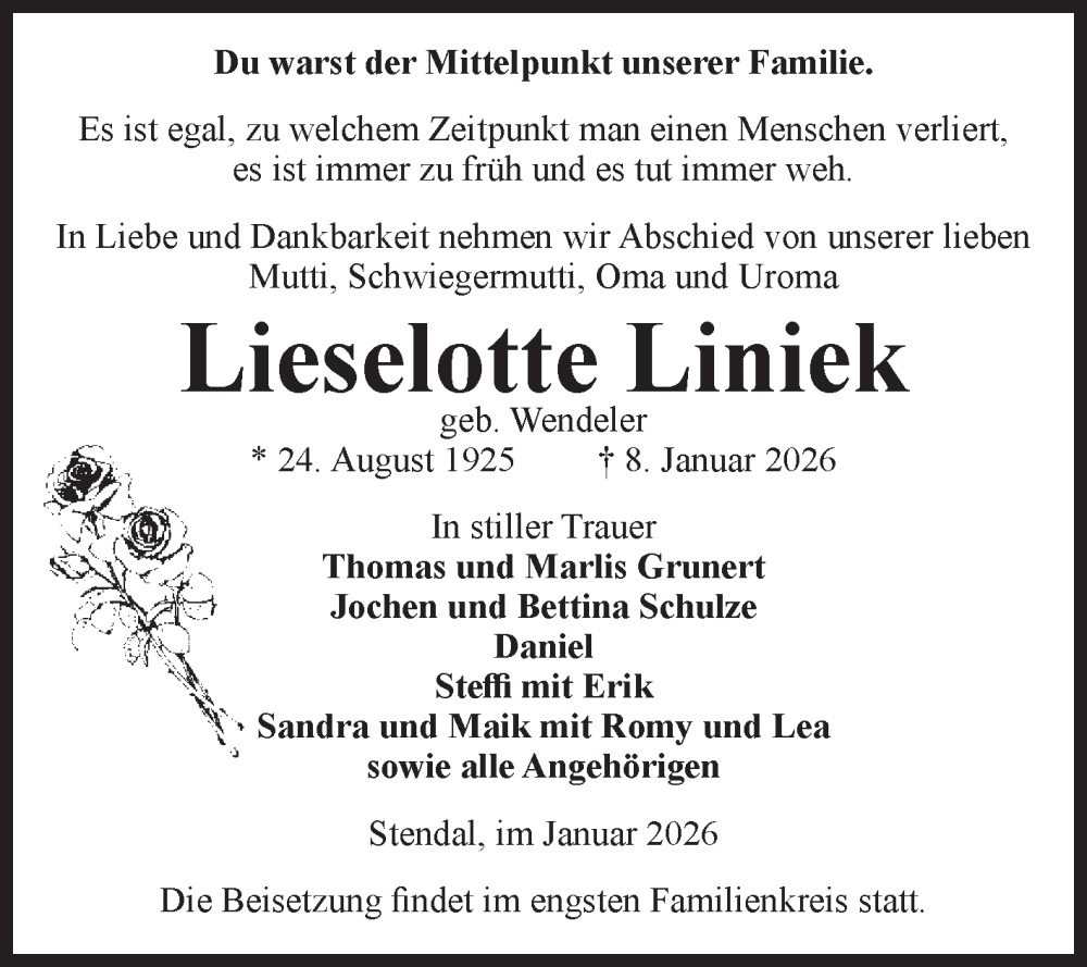  Traueranzeige für Lieselotte Liniek vom 17.01.2026 aus Volksstimme Altmark Ost