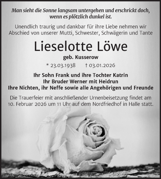 Traueranzeige von Lieselotte Löwe von Trauerkombi Bitterfeld