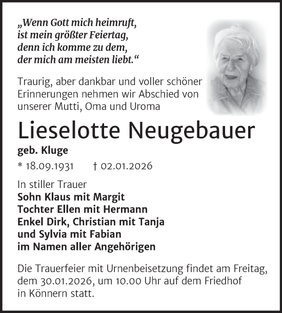 Traueranzeige von Lieselotte Neugebauer von Trauerkombi Bernburg