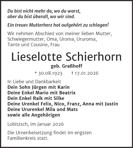 Traueranzeige von Lieselotte Schierhorn von Trauerkombi Weißenfels