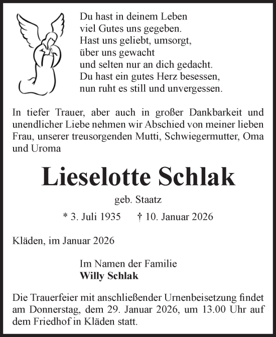 Traueranzeige von Lieselotte Schlak von Volksstimme Altmark Ost