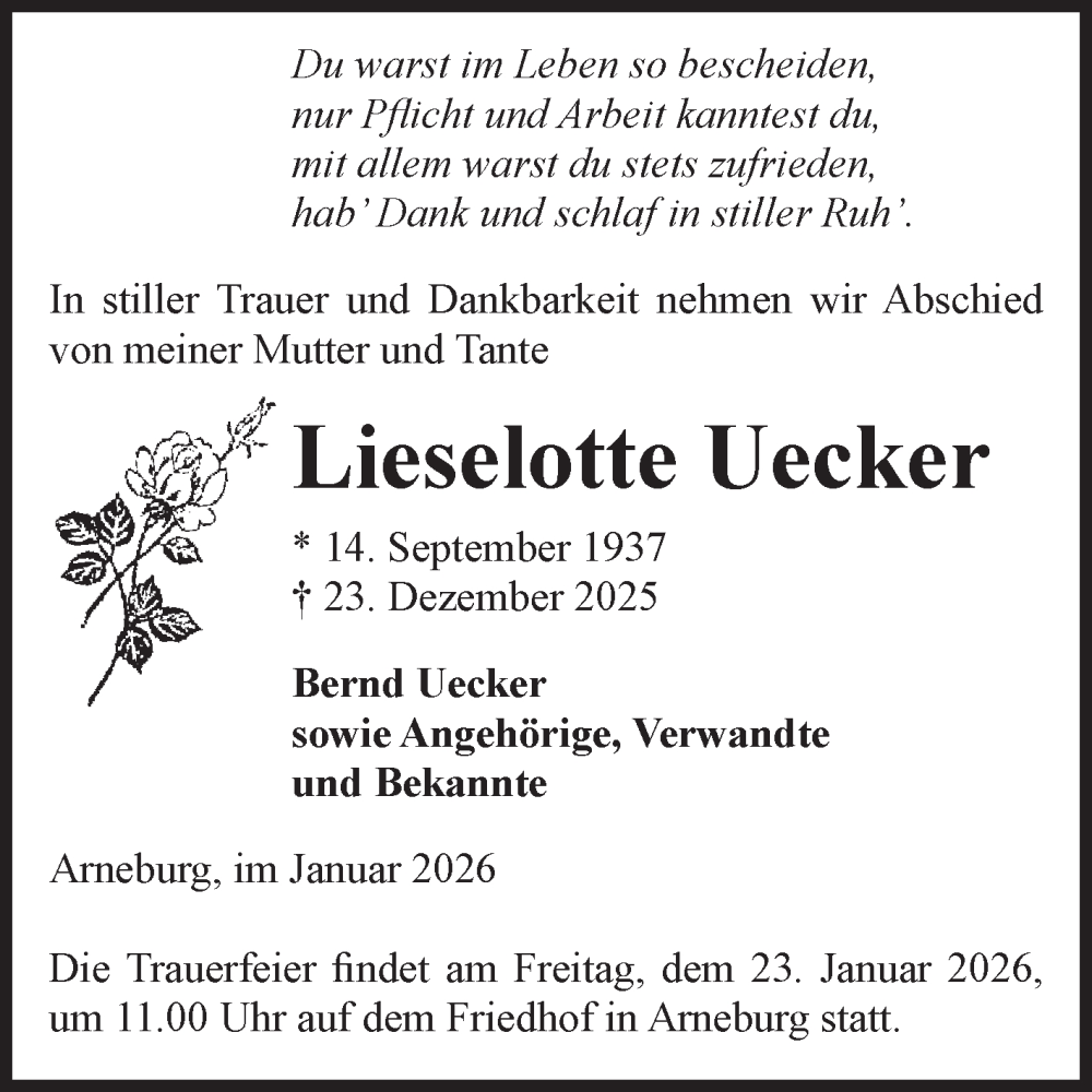  Traueranzeige für Lieselotte Uecker vom 16.01.2026 aus Volksstimme Altmark Ost
