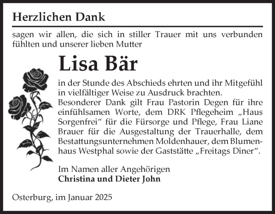 Traueranzeige von Lisa Bär von Volksstimme Altmark Ost