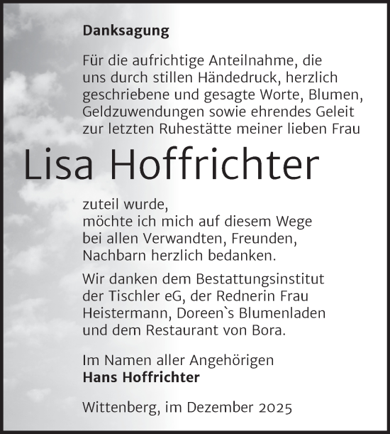 Traueranzeige von Lisa Hoffrichter von Trauerkombi Wittenberg