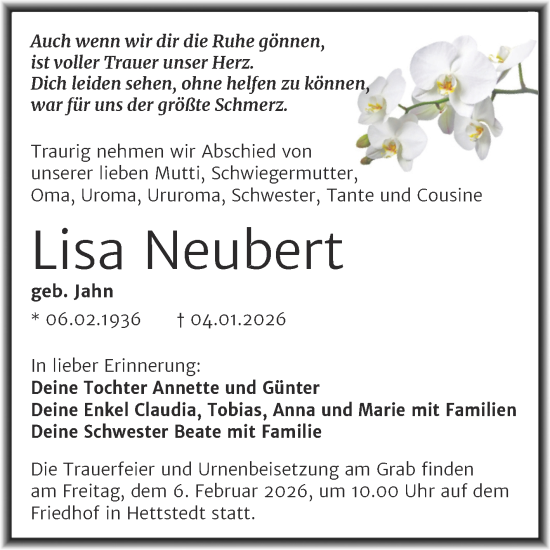 Traueranzeige von Lisa Neubert von Trauerkombi Mansfelder Land