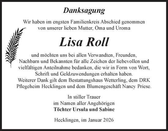 Traueranzeige von Lisa Roll von Volksstimme Staßfurt