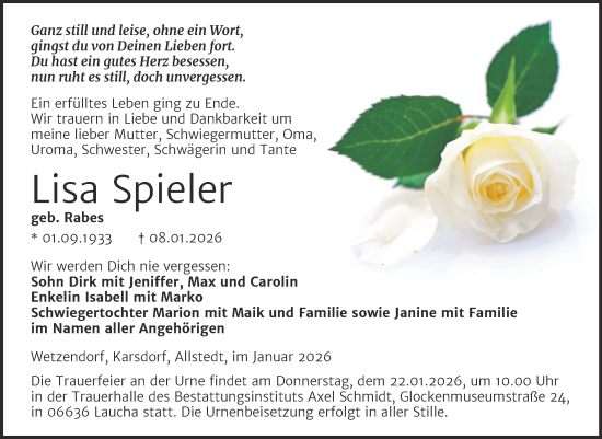 Traueranzeige von Lisa Spieler von Super Sonntag Naumburg/Nebra