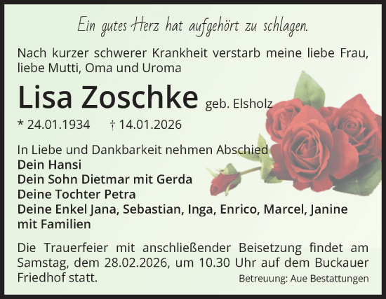 Traueranzeige von Lisa Zoschke von Volksstimme Magdeburg