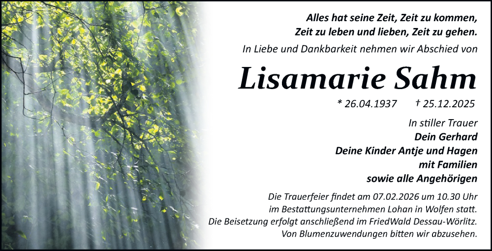  Traueranzeige für Lisamarie Sahm vom 17.01.2026 aus Trauerkombi Bitterfeld